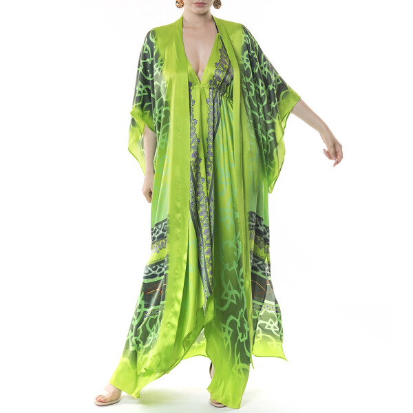 Set 2 piese Geometric Jewel Green (rochie asimetrica + kimono deschis), matase naturala 100%