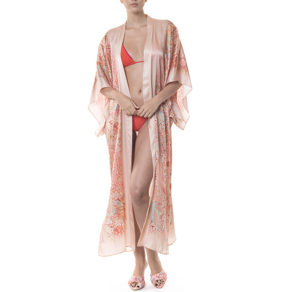 Kimono lung deschis matase naturala 100%, Paisley Cipria