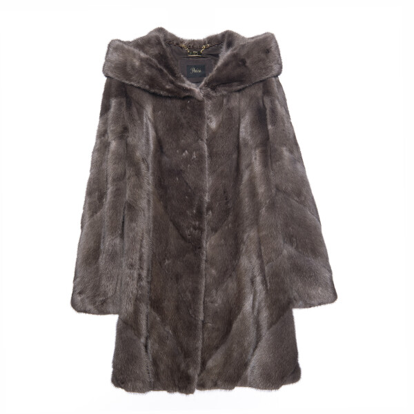 Haina blana naturala vizon cu gluga ampla, grau-beige, 85cm