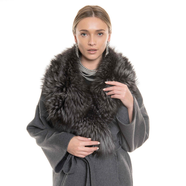 Palton dublu casmir si lana cu guler amplu de vulpe silver gray, gri 