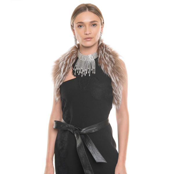 Guler de blana naturala de vulpe culoare aurie cu cordon piele neagra