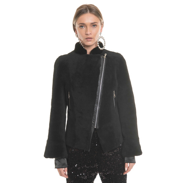 Jacheta blana naturala miel cu guler de vizon, neagra, 60cm
