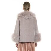 Jachetă  blană naturală de miel Merinos, blana tip lână, cu guler de raton, roz pudrat, 64 cm
