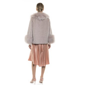 Jachetă  blană naturală de miel Merinos, blana tip lână, cu guler de raton, roz pudrat, 64 cm