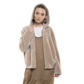 Jacheta tip bomber, blană naturală miel, blana tip lana, culoare bej