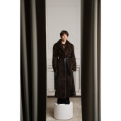 Palton blana naturala vizon cu cordon, lucrat manual, negru/maro, 110cm
