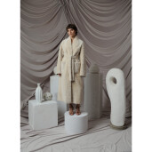 Palton shearling South African curly, cordon, crem, 115cm