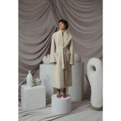 Palton shearling South African curly, cordon, crem, 115cm