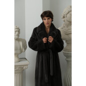 Palton blana naturala vizon, cu cordon, gunmetall, 110cm