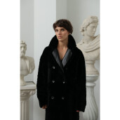 Palton shearling reversibil, rever dublu piele, negru, 110cm