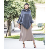 Capa tip Poncho lana 100% cu blana naturala vulpe, gri cenusiu