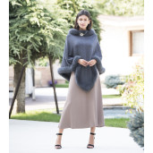 Capa tip Poncho lana 100% cu blana naturala vulpe, gri cenusiu
