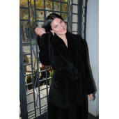 Palton shearling merino cu cordon, reversibil, negru, 120cm