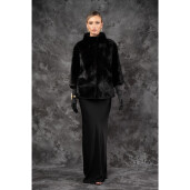 Allure Velvet Noir Haina blana naturala vizon, maneci 3/4, guler amplu, negru, 60cm| PAÏSI Art Fur