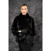 Allure Velvet Noir Haina blana naturala vizon, maneci 3/4, guler amplu, negru, 60cm| PAÏSI Art Fur