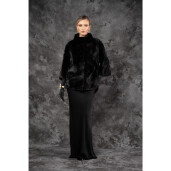 Allure Velvet Noir Haina blana naturala vizon, maneci 3/4, guler amplu, negru, 60cm| PAÏSI Art Fur