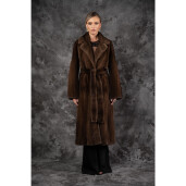 Haină Lungă Iconica din Blană Naturală de Vizon, Rever Dublu, Cordon, Maro Clasic, 120 cm | PAÏSI ART FUR