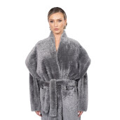 Palton shearling South African, cu cordon, gray, 100cm