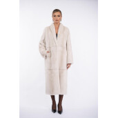 Palton lung blana naturala vizon, guler sal scurt, super light grey, 120cm