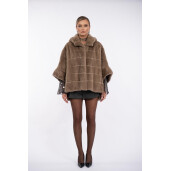 Jacheta blana naturala vizon, cu gluga si maneci 3/4, oversized, asimtrica, dark pastel, 65cm