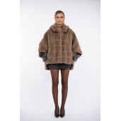 Jacheta blana naturala vizon, cu gluga si maneci 3/4, oversized, asimtrica, dark pastel, 65cm