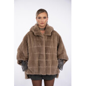 Jacheta blana naturala vizon, cu gluga si maneci 3/4, oversized, asimtrica, dark pastel, 65cm