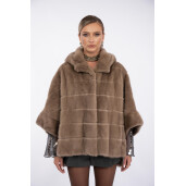Jacheta blana naturala vizon, cu gluga si maneci 3/4, oversized, asimtrica, dark pastel, 65cm
