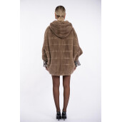 Jacheta blana naturala vizon, cu gluga si maneci 3/4, oversized, asimtrica, dark pastel, 65cm