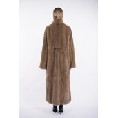 Haina lunga blana naturala vizon, guler tip kimono, dark pastel, 130cm