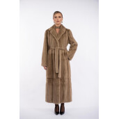Haina lunga blana naturala vizon, rever dublu, cu cordon, dark pastel, 130cm