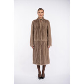 Palton blana naturala vizon, dark pastel, 100cm, guler tip kimono