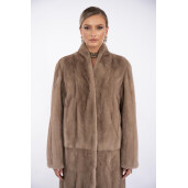 Palton blana naturala vizon, dark pastel, 100cm, guler tip kimono