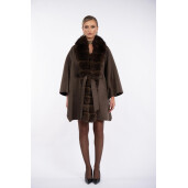 Capa oversized de lana cu matase, guler amplu de nlana naturala vulpe, dark brown, 80cm