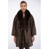 Capa oversized de lana cu matase, guler amplu de nlana naturala vulpe, dark brown, 80cm