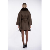 Capa oversized de lana cu matase, guler amplu de nlana naturala vulpe, dark brown, 80cm