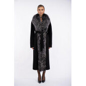 Palton lung lana + matase, guler amplu de blana naturala vulpe argintie, negru, 120cm