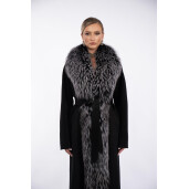 Palton lung lana + matase, guler amplu de blana naturala vulpe argintie, negru, 120cm