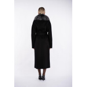 Palton lung lana + matase, guler amplu de blana naturala vulpe argintie, negru, 120cm