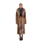Palton lung lana si matase cu blana naturala vulpe, camel, 120cm