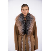 Palton lung lana si matase cu blana naturala vulpe, camel, 120cm
