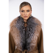 Palton lung lana si matase cu blana naturala vulpe, camel, 120cm