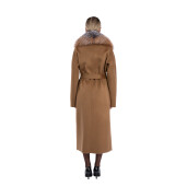 Palton lung lana si matase cu blana naturala vulpe, camel, 120cm