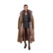Palton lung lana si matase cu blana naturala vulpe, camel, 120cm