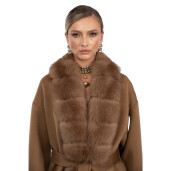 Palton lung lana si matase, guler blana naturala vulpe capuccino, camel, 120cm