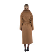 Palton lung lana si matase, guler blana naturala vulpe capuccino, camel, 120cm