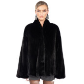 Jacheta blana naturala vizon, guler tip kimono, negru, 60cm