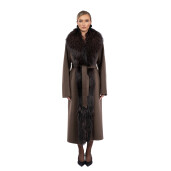 Palton lung de lana cu matase, guler amplu de blana naturala vulpe, chocolate, 120cm