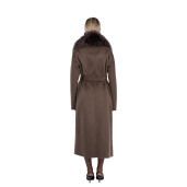 Palton lung de lana cu matase, guler amplu de blana naturala vulpe, chocolate, 120cm