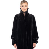 Palton blana naturala vizon, guler tip kimono, negru, 120cm