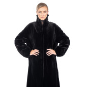 Palton blana naturala vizon, guler tip kimono, negru, 120cm